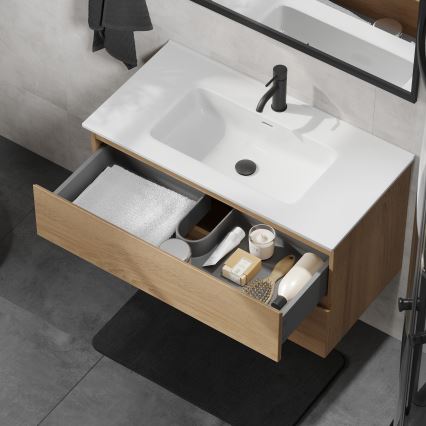 Kopalniška omarica z umivalnikom KENWOOD 91 cm hrast/bela