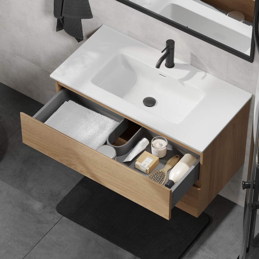 Kopalniška omarica z umivalnikom KENWOOD 91 cm hrast/bela
