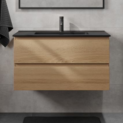 Kopalniška omarica z umivalnikom KENWOOD 91 cm hrast/črna