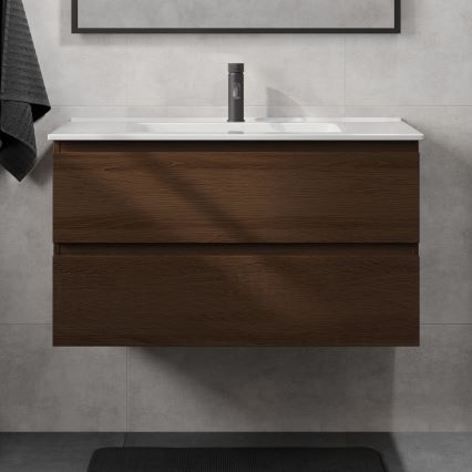 Kopalniška omarica z umivalnikom KENWOOD 91 cm oreh/bela