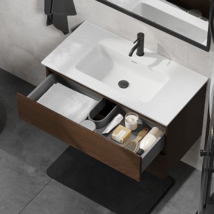 Kopalniška omarica z umivalnikom KENWOOD 91 cm oreh/bela
