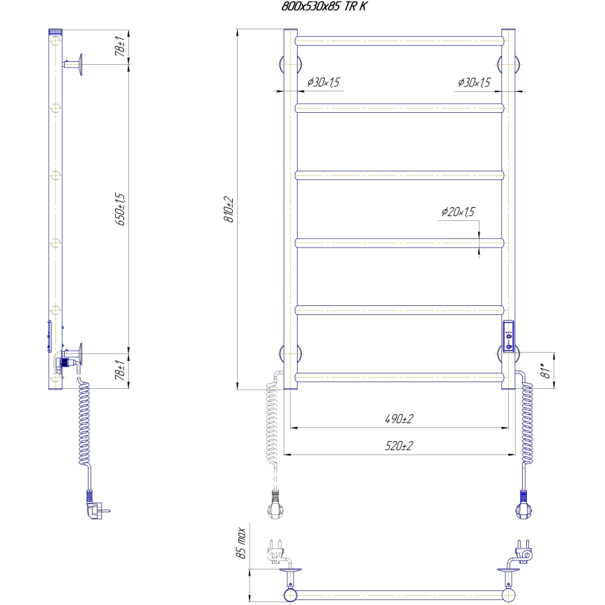 Kopalniški brisačni radiator CLASSIC 110W/230V 81x52 cm, nerjaveče jeklo/bela, desna