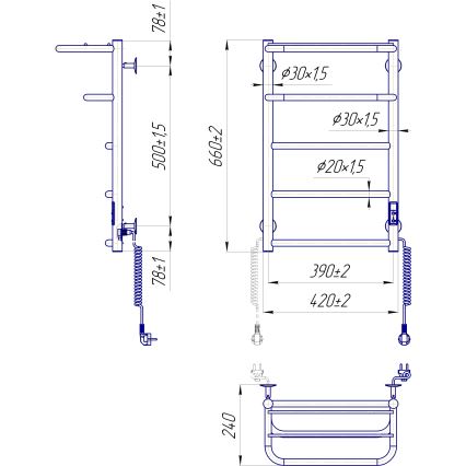 Kopalniški brisačni radiator HOTEL 75W/230V 66x42 cm, nerjaveče jeklo/bela, desna izvedba
