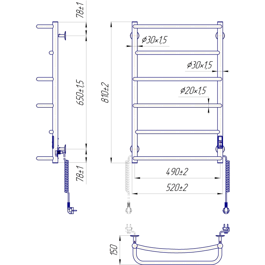 Kopalniški brisačni radiator LUX 105 W/230 V 81×52 cm, nerjaveče jeklo/črna, desna izvedba