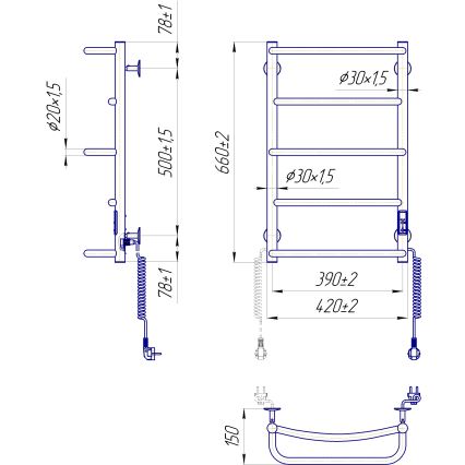 Kopalniški lestevni brisačni radiator LUX 65W/230V 66x42 cm, nerjaveče/bela, z desnim priključkom