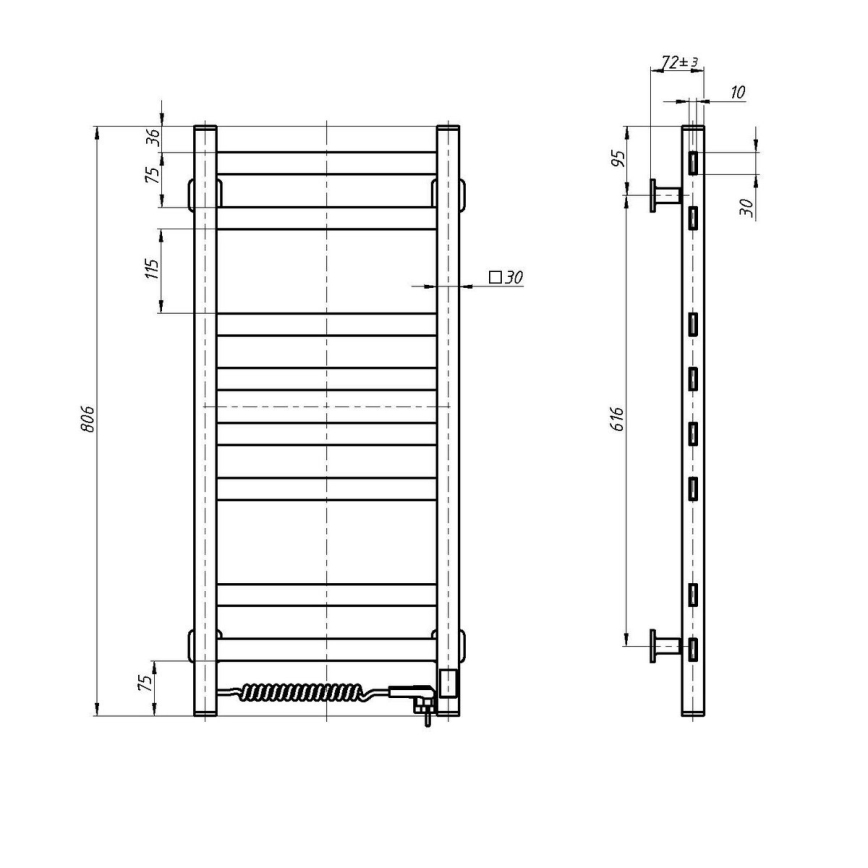 Kopalniški lestvični radiator z termostatom AVANGARD 251W/230V 80,6cm IP44 črne barve, desna izvedba, oglate oblike