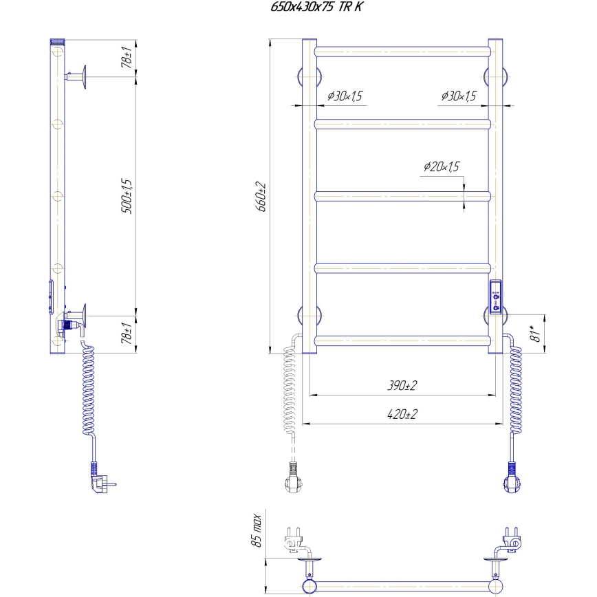 Kopalniški lestevni radiator CLASSIC 65W/230V 66x42 cm nerjaveče jeklo/bela desna
