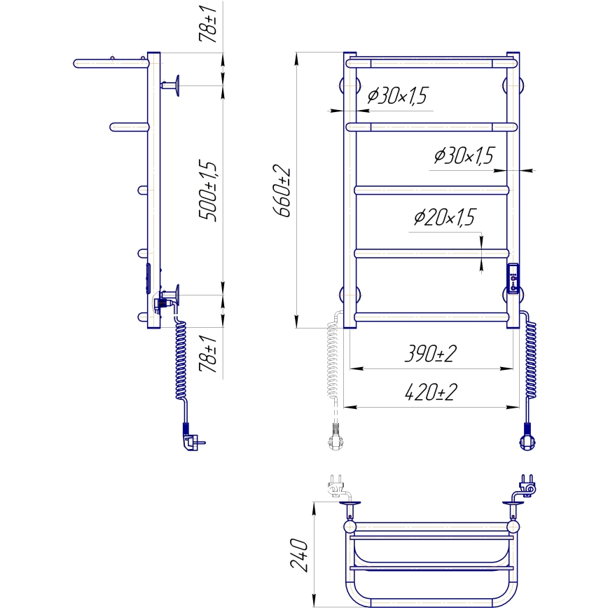 Kopalniški lestevni radiator HOTEL 75W/230V 66x42 cm nerjavno jeklo/krom desna