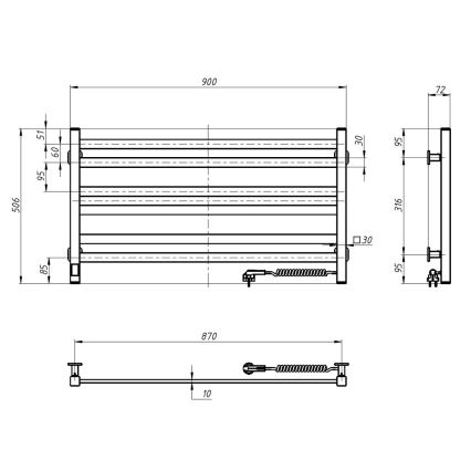 Kopalniški lestvičasti radiator AVANGARD z termostatom, 316 W/230 V, 50,6 cm, IP44, v beli barvi, desni, kvadraten