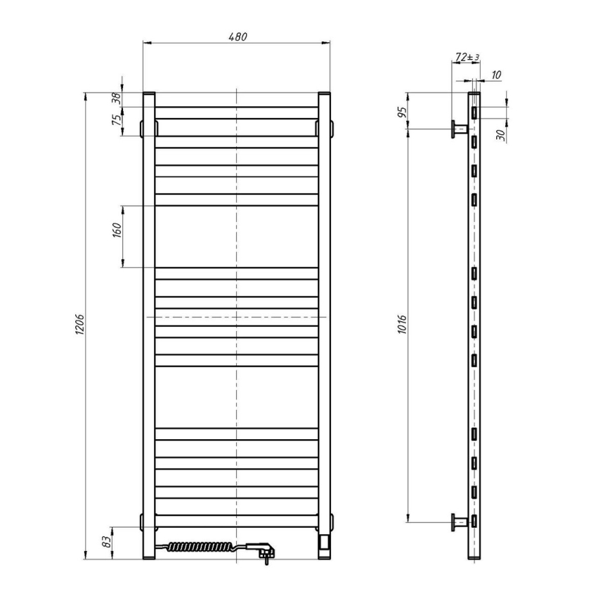 Kopalniški lestevni radiator z termostatom AVANGARD 227 W, 120 × 48 cm, črn, levi