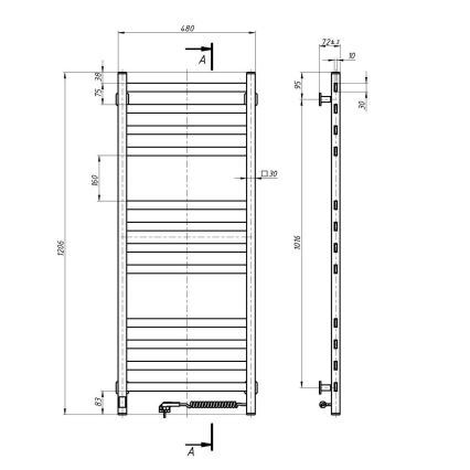 Kopalniški lestevni radiator z termostatom AVANGARD 227W 120x48cm, bela, desna