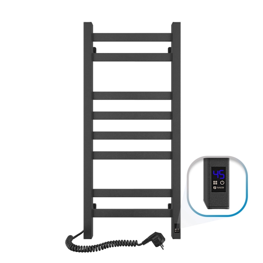 Kopalniški lestvičast radiator AVANGARD z termostatom, 251W/230V, 80,6 cm, IP44, kvadraten, črn, levi