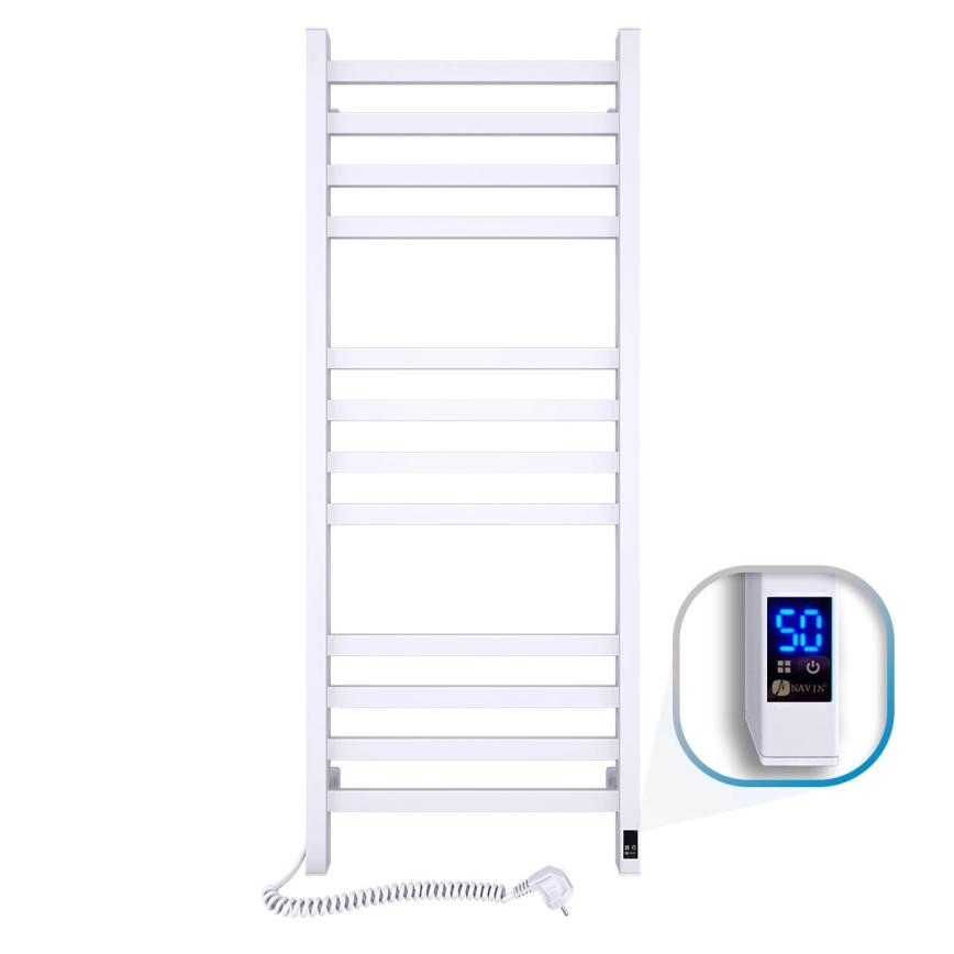 Kopalniški lestevni radiator z termostatom AVANGARD 459W/230V 120,6 cm IP44 bel, levi priklop, kvadraten profil