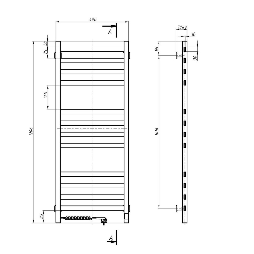 Kopalniški lestevni radiator z termostatom AVANGARD 459W/230V 120,6 cm IP44 bel, levi priklop, kvadraten profil