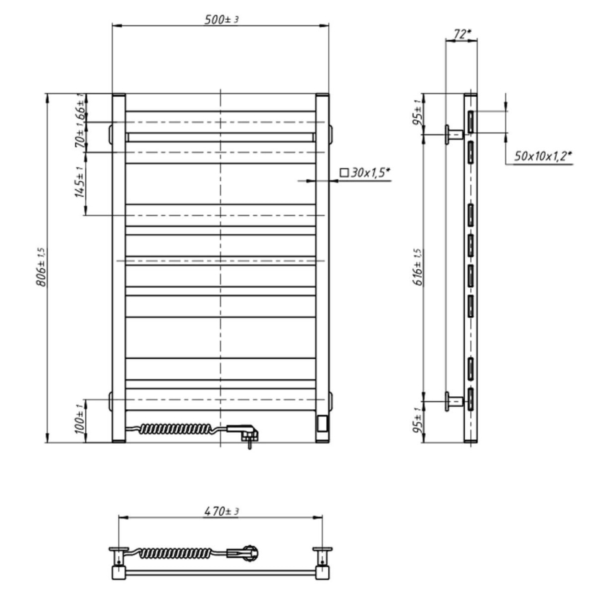 Kopalniški lestevni radiator LARGO s termostatom 432W/230V 80,6 cm IP44 bel, z levim priključkom, kvadraten