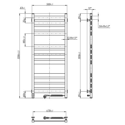 Kopalniški rebrasti radiator LARGO s termostatom, 541 W/230 V, 120,6 cm, IP44, črn, z desnim priključkom, kvadraten