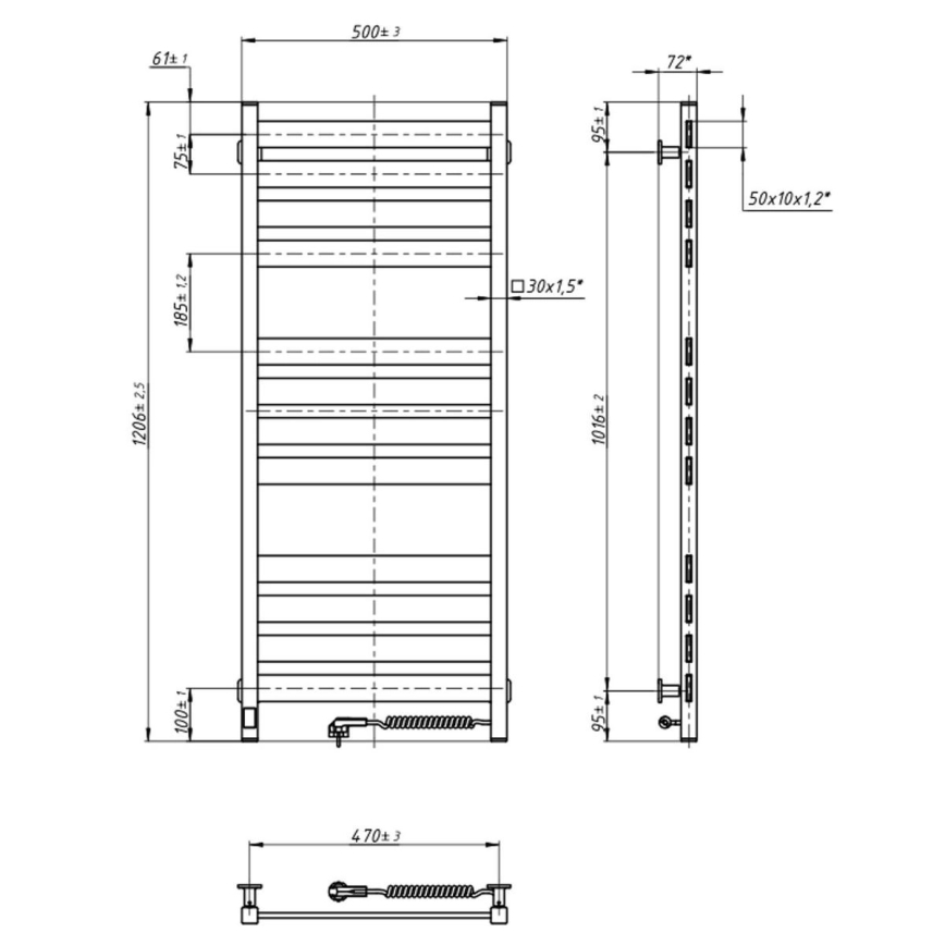 Kopalniški rebrasti radiator LARGO s termostatom, 541 W/230 V, 120,6 cm, IP44, črn, z desnim priključkom, kvadraten