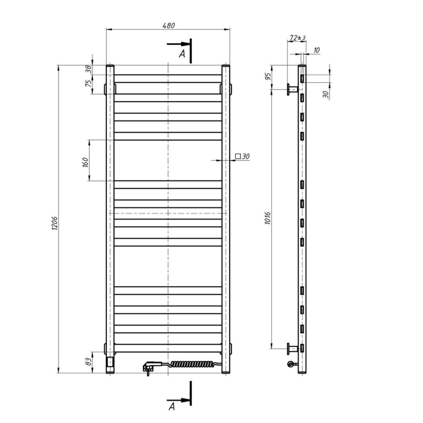 Kopalniški radiator v obliki lestve z termostatom AVANGARD 459W/230V 120,6cm IP44, bel, desni, kvadraten