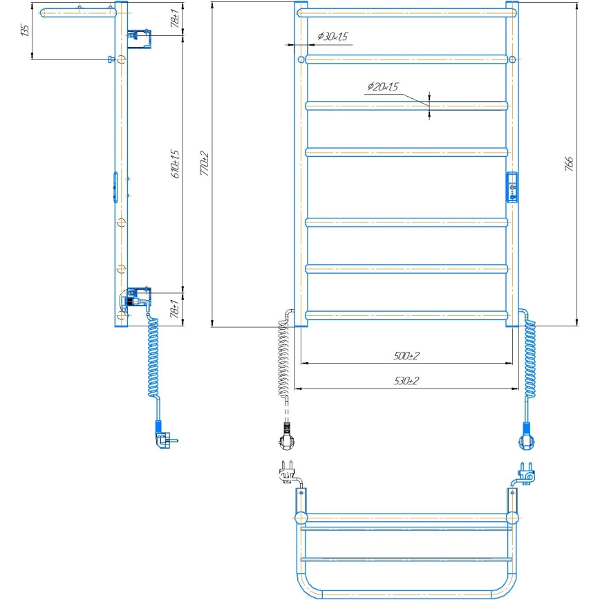 Kopalniški lestvičasti radiator HOME 95W/230V 77x53 cm, nerjavno jeklo/krom, desna izvedba