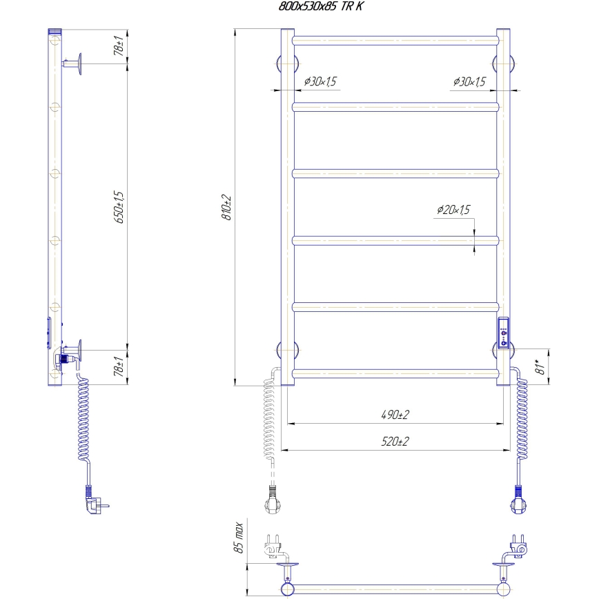 Kopalniški lestvični radiator CLASSIC 110W/230V 81x52 cm iz nerjavečega jekla/črna, desni