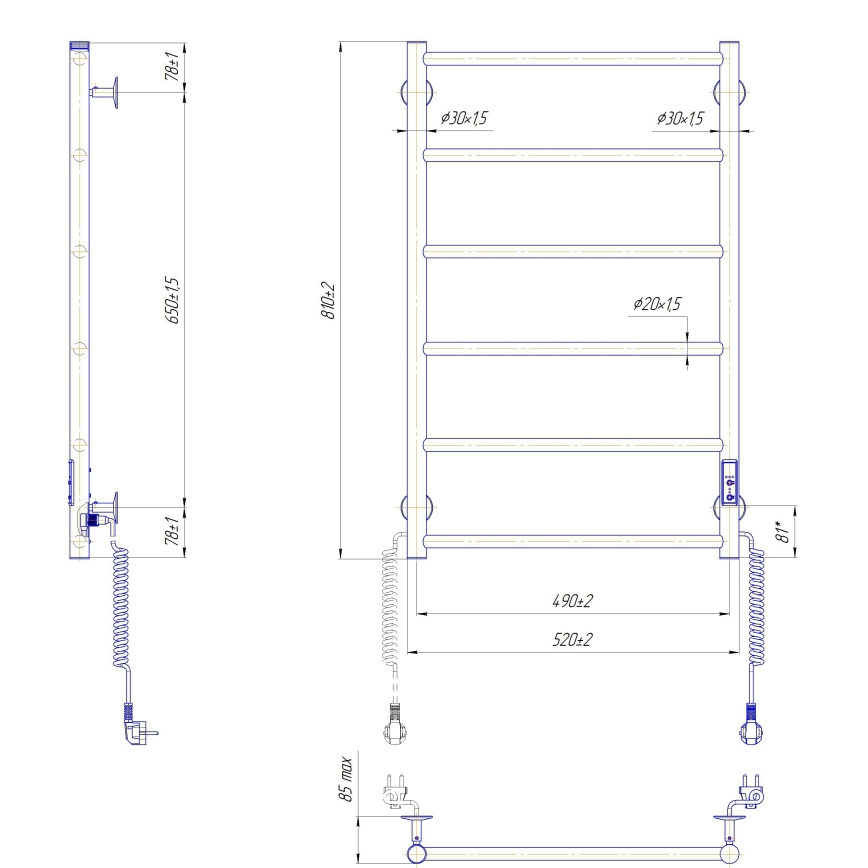 Kopalniški lestvični radiator CLASSIC 110W/230V 81x52 cm nerjaveče jeklo/antracit, desni