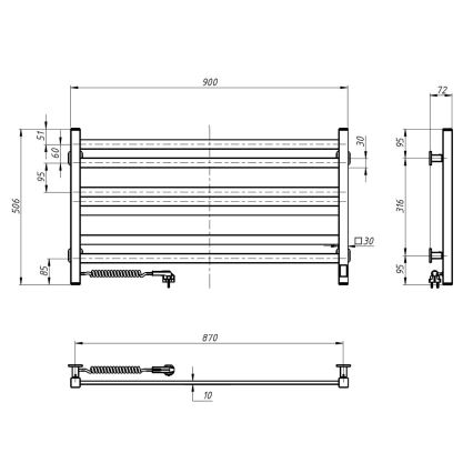 Kopalniški lestevni radiator z termostatom AVANGARD 316W/230V 50,6 cm IP44 črn, levi, kvadraten