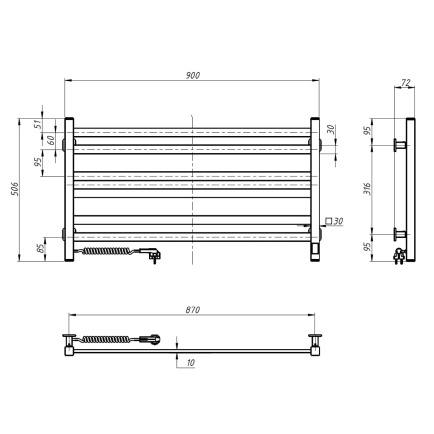 Kopalniški lestevni radiator z termostatom AVANGARD 316W/230V 50,6 cm IP44 črn, levi, kvadraten