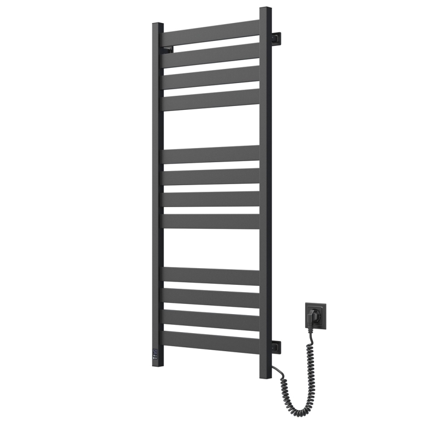 Kopalniški lestvični radiator z termostatom LARGO 256W 120x50 cm, črne barve, z desnim priključkom