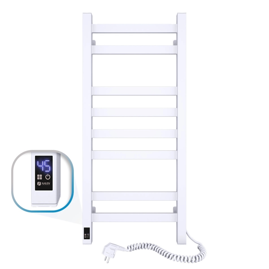 Kopalniški lestvični radiator z vgrajenim termostatom AVANGARD 251W/230V 80,6 cm IP44, bel, z desnim priključkom, oglate oblike