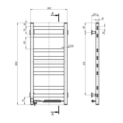 Kopalniški lestvični radiator z vgrajenim termostatom AVANGARD 251W/230V 80,6 cm IP44, bel, z desnim priključkom, oglate oblike