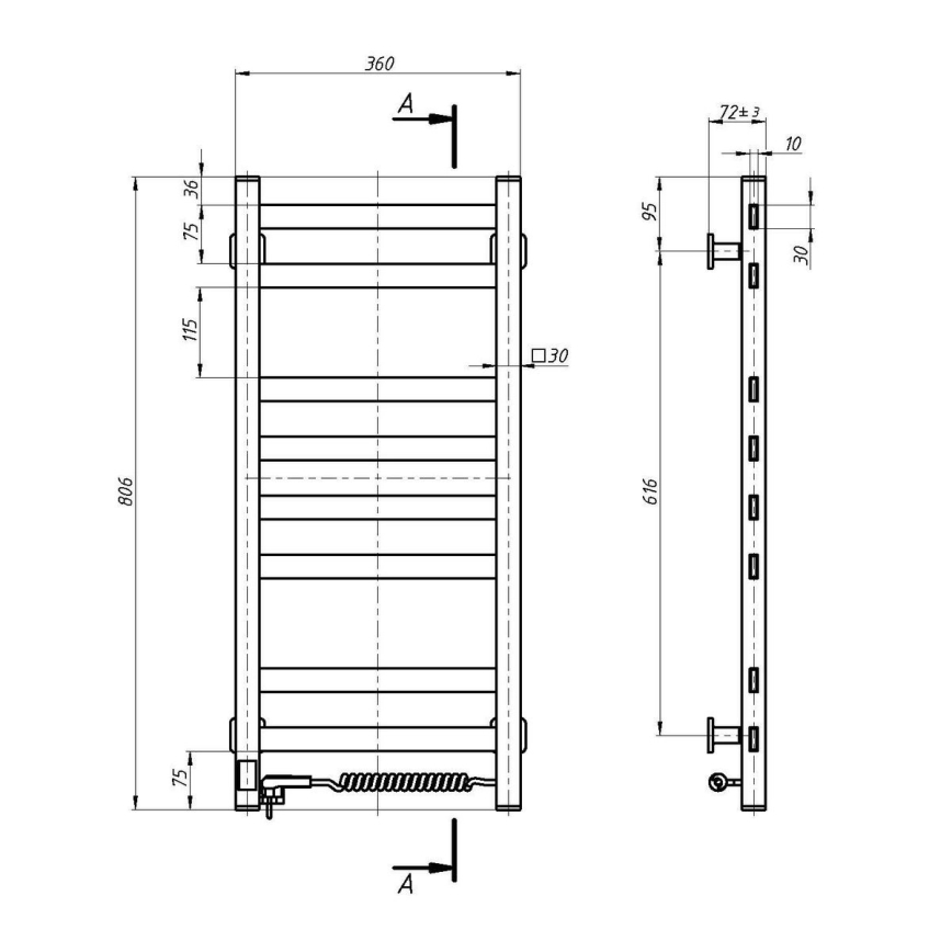 Kopalniški lestvični radiator z vgrajenim termostatom AVANGARD 251W/230V 80,6 cm IP44, bel, z desnim priključkom, oglate oblike