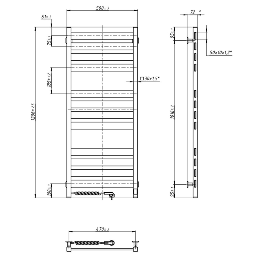 Kopalniški lestevni radiator z termostatom LARGO 541W/230V 120,6 cm IP44, črn, levi, kvadratni