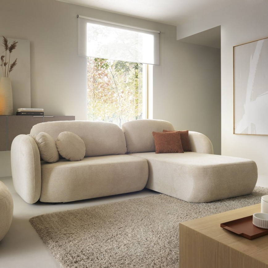 Kotna raztegljiva sedežna garnitura OLBIA, desna, bež, z odlagalnim prostorom v L-obliki