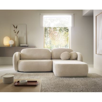 Kotna raztegljiva sedežna garnitura OLBIA, desna, bež, z odlagalnim prostorom v L-obliki