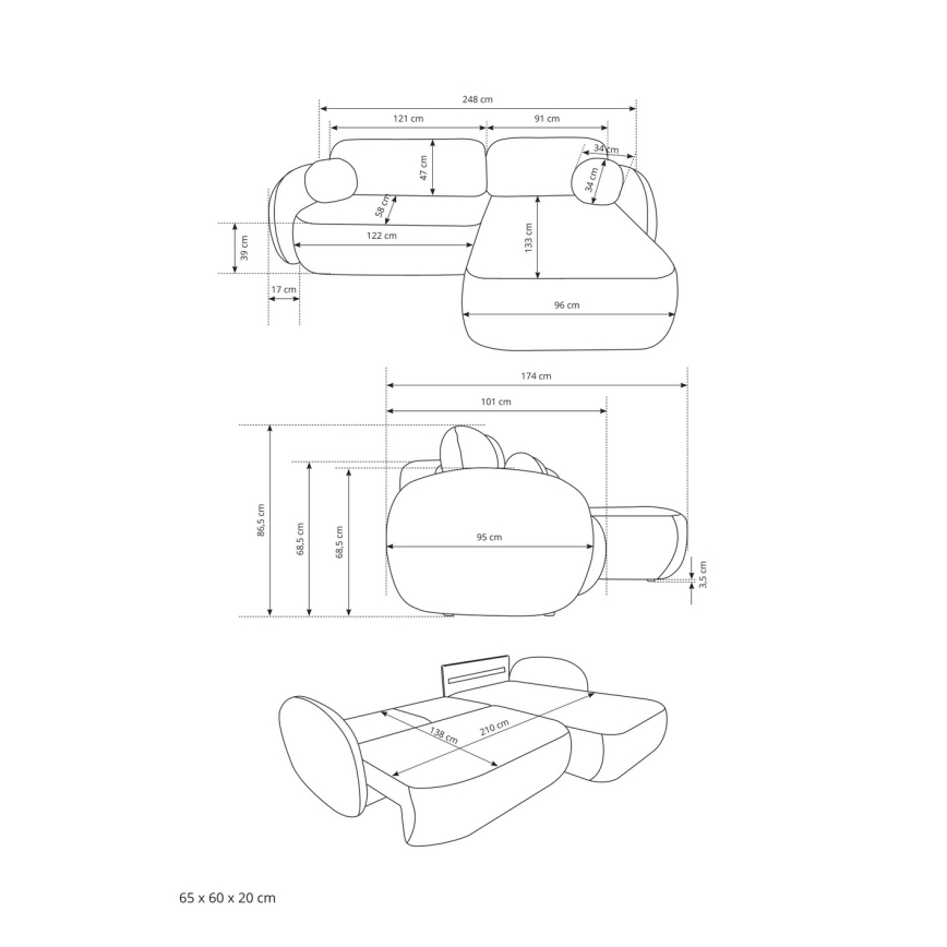 Kotna raztegljiva sedežna garnitura OLBIA, desna, bež, z odlagalnim prostorom v L-obliki