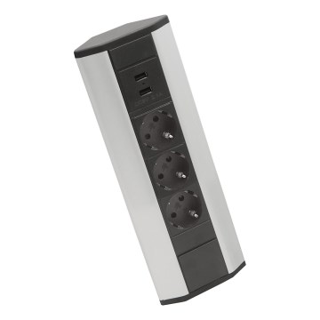 Kotni stolpec vtičnic 3x230V + 2xUSB-A črna/srebrna