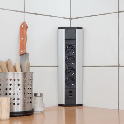 Kotni vtični stolp 4x230V + 2xUSB-A črna/srebrna