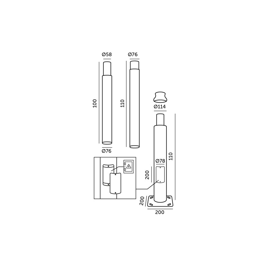 Kovinska palica za steber zunanje razsvetljave BASE, 3 m, črna