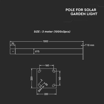 Kovinski drog s stojalom za solarno svetilko 3 m