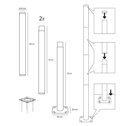 Kovinski drog za steber zunanje razsvetljave BASE, 4 m, premer 60 mm, črn