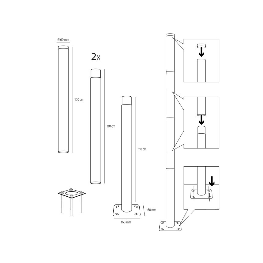Kovinski drog za steber zunanje razsvetljave BASE, 4 m, premer 60 mm, črn