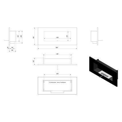 Kratki - Vgradni BIO kamin 40x90 cm 2kW črna