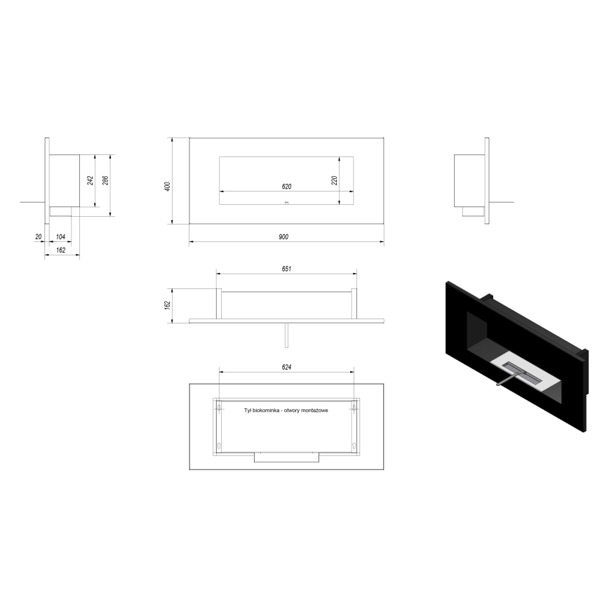 Kratki - Vgradni BIO kamin 40x90 cm 2kW črna