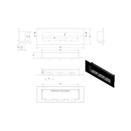 Kratki - Vgradni BIO kamin 40x120 cm 3x1,1kW črna