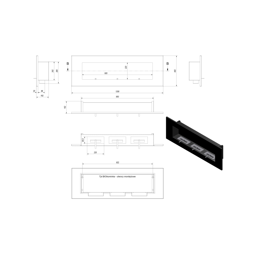 Kratki - Vgradni BIO kamin 40x120 cm 3x1,1kW črna