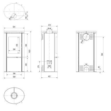 Kratki - Jekleni kamin 8kW 150mm