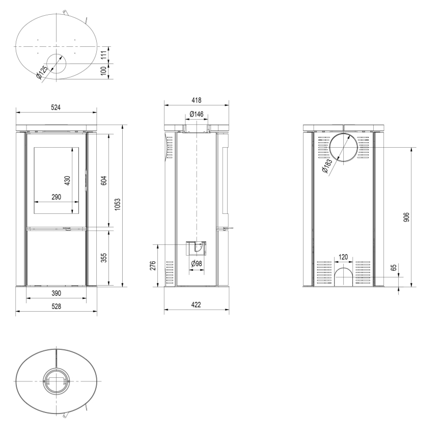 Kratki - Jekleni kamin 8kW 150mm