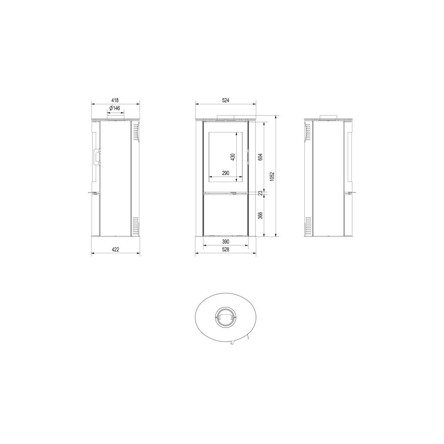 Kratki - Jekleni kamin 8kW 150mm