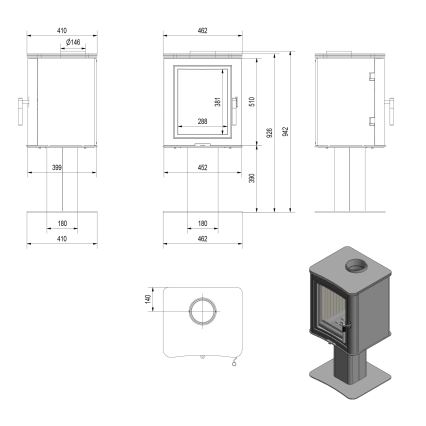 Kratki - Jekleni kamin 7kW 150mm