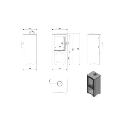 Kratki - Jekleni kamin 7kW 150mm